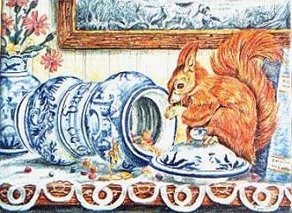 Ceramiche d-Arte di Albisola - Piastra in maiolica con scoiattolo e vasi di farmacia